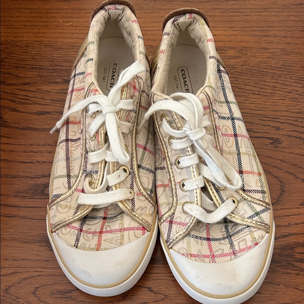 Coach Barrett Beige Plaid Sneakers with Gold Details - 9 1/2B